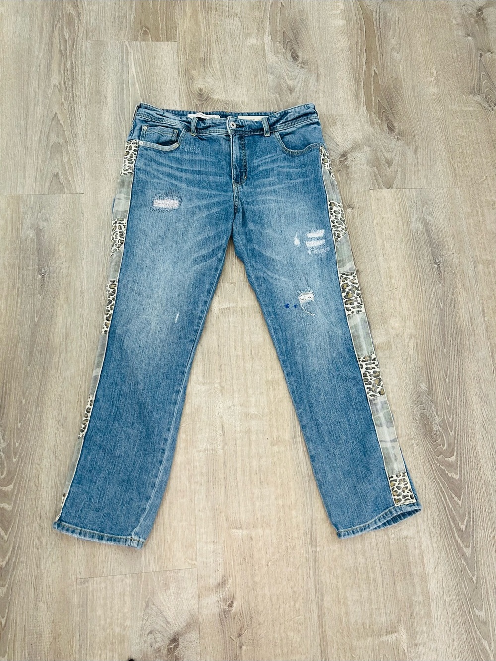 Pilcro and the Letterpress Blue Straight-Leg Jeans with Leopard Side Panel 30